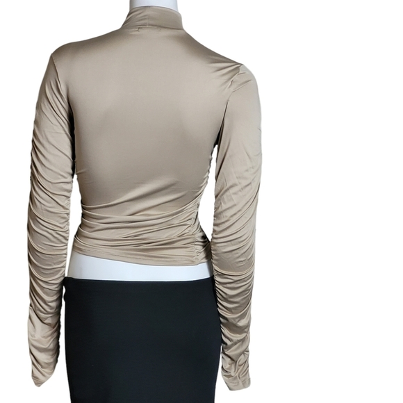 Long Sleeve Tight Fitted Mock Neck Ruched Top Taupe - Picture 3 of 7